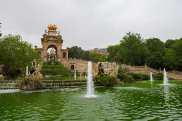Gran cascada monumental waterfall by José Fontseré in the Ciudadela park in Barcelona, Spain. Water fountain