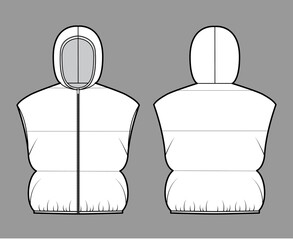 Hooded Down vest puffer waistcoat technical fashion illustration with zip-up closure, loose fit, crop length, wide quilting. Flat template front, back, grey color style. Women, men, unisex CAD mockup © Vectoressa