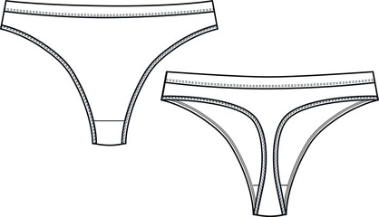 String Thong panty lingerie technical illustration. Editable underwear flat fashion sketch