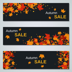 Naklejka na ściany i meble Autumn sale horizontal banners vector design template. Black background with colorful tree leaves