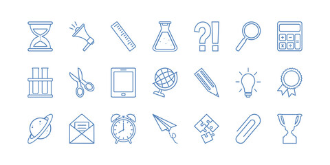 School supplies vector icon, blue thin line set isolated on white background. Education illustration