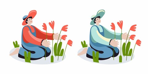 Fototapeta premium A flower gardener takes care of flowers. The man with the hat. Woman man in the country. Aesthetic picture with flowers. The atmosphere of tranquility in nature. Different colors. A man on his knees.
