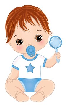 Vector Cute Baby Boy Holding Rattle and Pacifier
