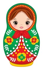 Cute Russian Matryoshka in Red and Green Colors