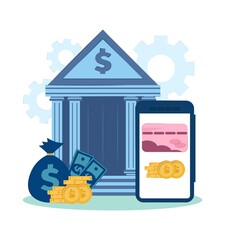 vector illustration on the theme of mobile banking. Cash transactions, business, payments, bank in a mobile phone.  - obrazy, fototapety, plakaty