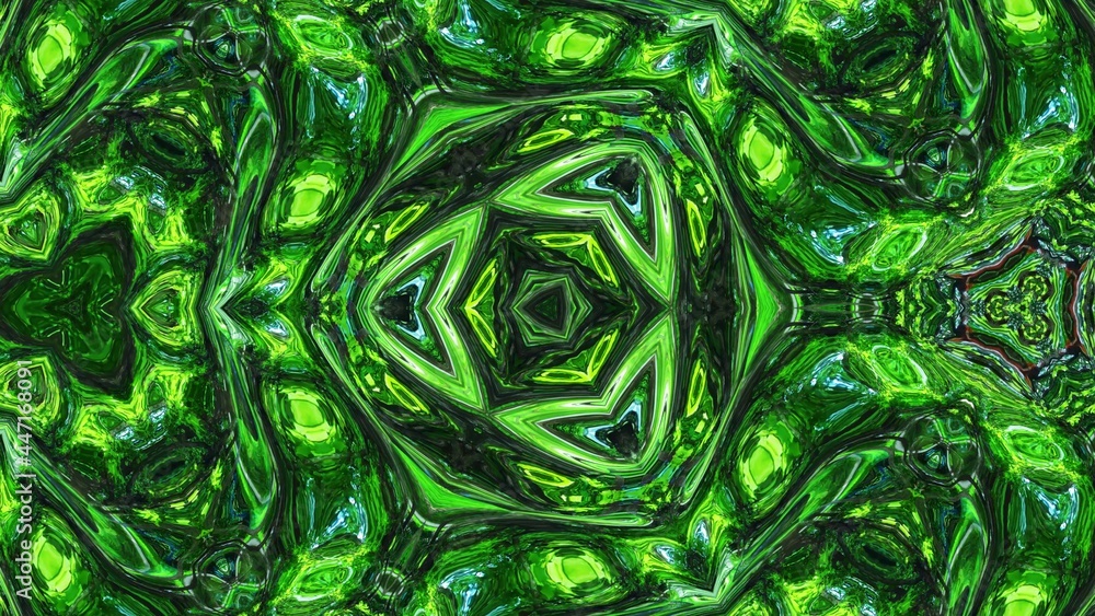 Poster 3d render. liquid green symmetrical pattern like kaleidoscope with waves. 3d stylish abstract bg, wa