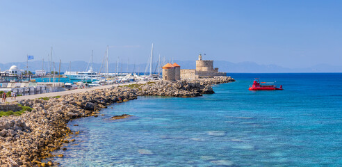Panoramic view of Mandraki harbor and marina in the place of the Colossus of Rhodes. Mooring yachts...