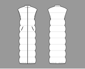 Down vest puffer waistcoat technical fashion illustration with sleeveless, stand collar, zip-up closure, pockets, maxi length, wide quilting. Flat template front, back, white color style. Women, CAD