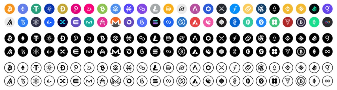 Cryptocurrency logos and symbols. Set of cryptocurrency token logo icons. Bitcoin, Ethereum, Dogecoin and more vector icons isolated on white background.