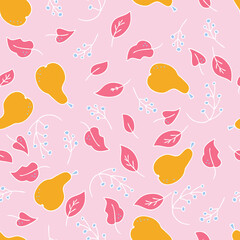Hand drawn vector seamless pattern of yellow juicy pears, leaves and berries. Perfect for scrapbooking, greeting card, poster, textile and prints. Doodle style illustration for decor and design.