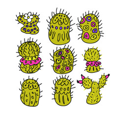 Hand drawn vector collection of bright green cacti. Perfect for T-shirt, textile and prints. Hand drawn illustration for decor and design.
