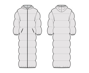 Hooded puffer quilted shell down coat jacket technical fashion illustration with long sleeves, zip-up closure, pockets, oversized. Flat template front, back, grey color. Women, unisex top CAD mockup