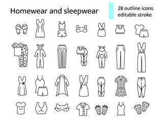 Homewear and sleepwear outline icons set. Comfortable clothes. Editable stroke. Isolated vector stock illustration