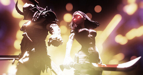 fantasy female cyborg with her warrior friends under neon lights and soft focus background  © archangelworks