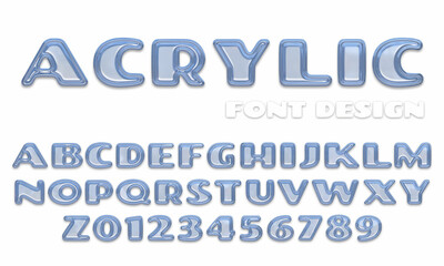 Blue acrylic alphabet with capital letters and numbers, 3D rendering, glossy plastic abc, creative uppercase font design for poster, banner, logo 