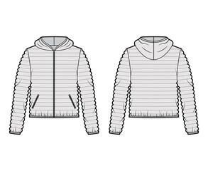 Hooded jacket Down puffer coat technical fashion illustration with long sleeves, zip-up closure, pockets, narrow quilting. Flat template front, back grey color style. Women, men, unisex top CAD mockup © Vectoressa