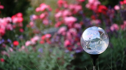 lampa solarna ogrodowa na tle róż w ogrodzie, Solar lamp on a rose - obrazy, fototapety, plakaty