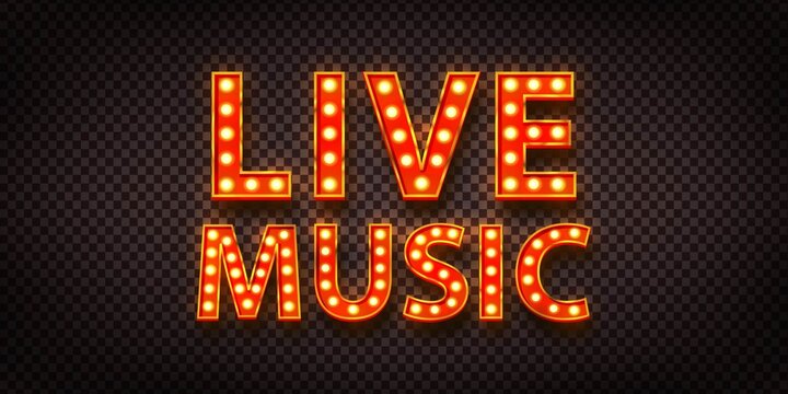 Vector realistic isolated retro marquee billboard with electric light lamps of Live Music logo for invitation on the transparent background.