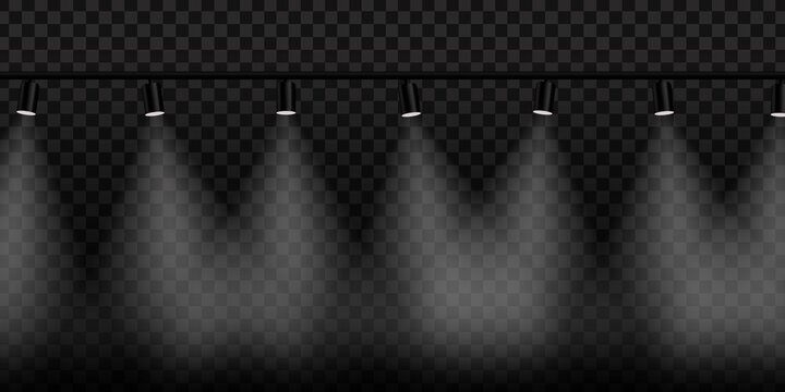 Vector realistic isolated spotlight lamps on the transparent background.