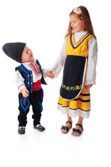 Boy and girl in traditional Bulgarian folklore costumes. Bulgaria