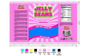 Jelly beans packaging design template, ready for flexo printing, cmyk, pantone colors,die-cut - vector