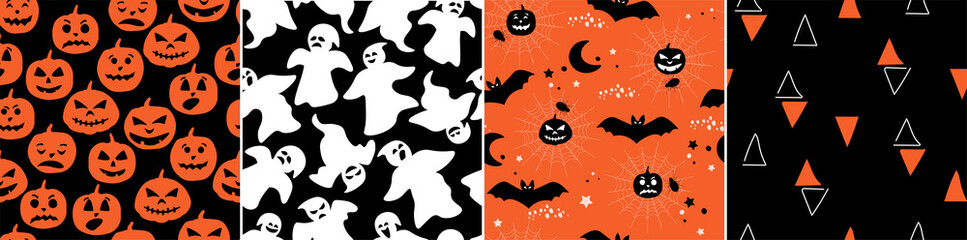 Seamless pattern of orange pumpkins on a black background, simple shapes, bat, moon, ghost, stars. Autumn decoration for the Halloween holiday. Vector illustration.