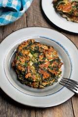 Spinach patties on a wooden background. Vegan food