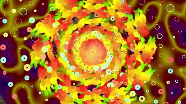 Bright abstract psychedelic trippy loop. Vivid colorful spinning kaleidoscope flowers with glowing mesmerizing shapes. VJ seamless 3D animation for EDM music video, club and live show. Rainbow mandala