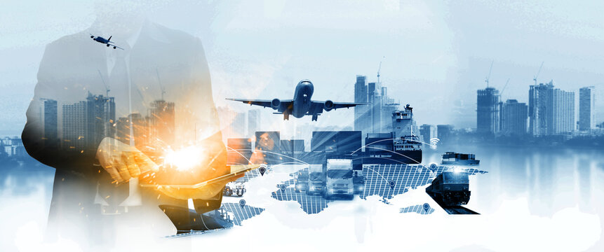 The world logistics  background or transportation Industry or shipping business, Container Cargo  shipment , truck delivery, airplane , import export Concept