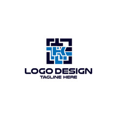 Obraz premium Letter K logo, Business corporate logo design vector. Blue and White Logo over Gray background. digital letter icon template for technology. Square shape, Colorful, Technology and digital abstract dot