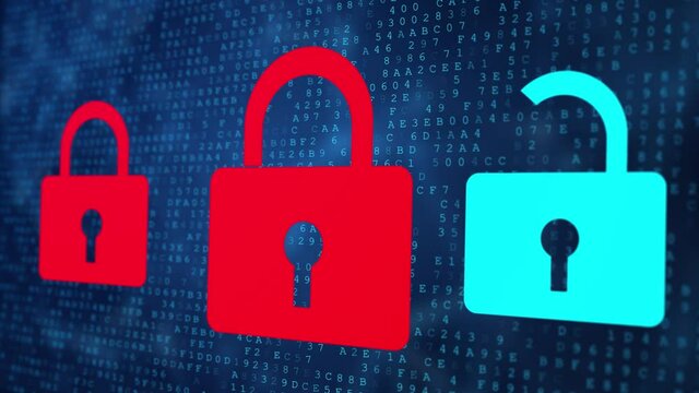 Internet security concept open red padlock virus or unsecured threat of hacking Animation. Cyber security . open padlock closed locks. Internet security storage and transmission of data security.