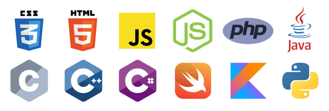 Programming language logo vector icons set : CSS, HTML, Javascript, Java, Nodejs, PHP, C, C++, C#, Swift, Kotlin, Python. Isolated editorial illustration on white background.
