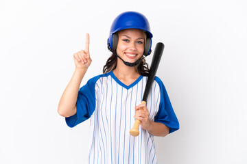 Baseball Russian girl player with helmet and bat isolated on white background pointing up a great idea