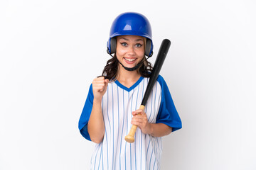 Baseball Russian girl player with helmet and bat isolated on white background celebrating a victory in winner position