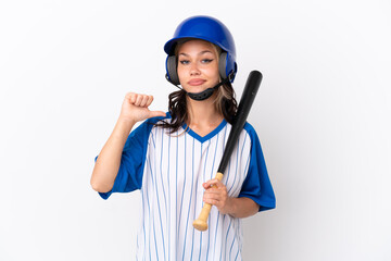 Baseball Russian girl player with helmet and bat isolated on white background proud and self-satisfied