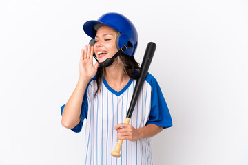 Baseball Russian girl player with helmet and bat isolated on white background shouting with mouth wide open to the side