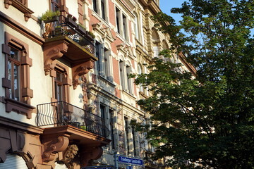 Schöne sanierte Altbauten mit grünem Alleebaum im Sommer bei Sonnenschein an der Friedberger Landstraße und der Egenolffstraße im Nordend von Frankfurt am Main in Hessen