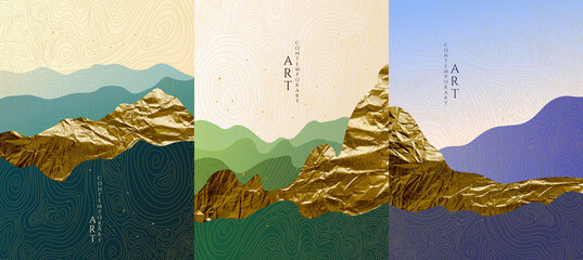 Vector grafische illustratie. Abstract landschap. Bergen, heuvels. Japans golvend patroon. Achtergronden collectie. Aziatische stijl. Ontwerp voor poster, boekomslag, websjabloon, brochure. Goudfolie textuur