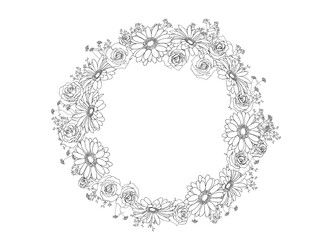 バラとガーベラのフレーム_丸_線画