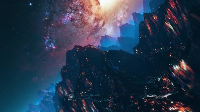 Futuristic mountain landscape flight seamless loop. Stylized VJ looping 3D animation with space and high speed flythrough. Outrun style videogame intro or background for EDM music live show or concert