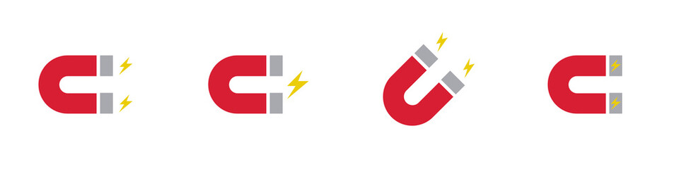 Conjunto de icono de imán magnético rojo. Electroimán. Ilustración vectorial
