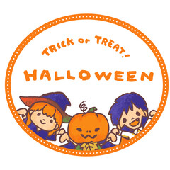 ハロウィンの仮装をした子供たち（ジャックオランタン・魔女・吸血鬼）のベクターイラスト 円形フレーム