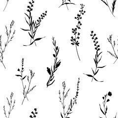 Obraz premium Silhouettes herbarium monochrome floral seamless pattern. Wild branches, leaves, flowers scattered random. Botanical vector illustration on white.