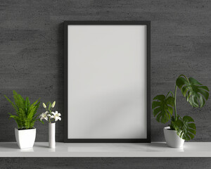 Flowers and succulent pots with mockup frame, 3D rendering