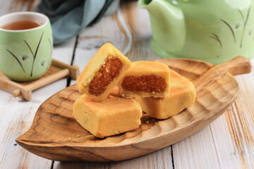 Pineapple Cake Pastry, Taiwanese Famous Sweet Delicious Dessert Food with Tea, Copy Space Design.