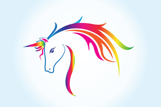 Logo unicorn fantasy creative image horse with a horn rainbow color vector logotype icon graphic illustration design template