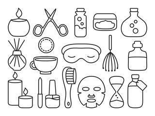 Spa and beauty care salon line icon set. Skin care, aromatic oil lotion towel, sleep mask hourglass, scissors, cup. Female body health flat graphic design, mobile app, web design. Vector illustration