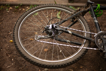 Bicycle wheel. Bicycle repair on the street.
