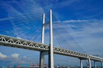 Looking up at the Yokohama Bay Bridge from the boat.  Cruise on 