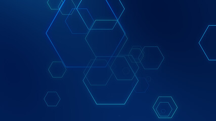 Hexagon geometric blue neon lights technology Hi-tech dark background. Abstract graphic digital future science concept design.